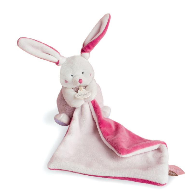  - les layettes - mouchoir lapin blanc rose 30 cm 